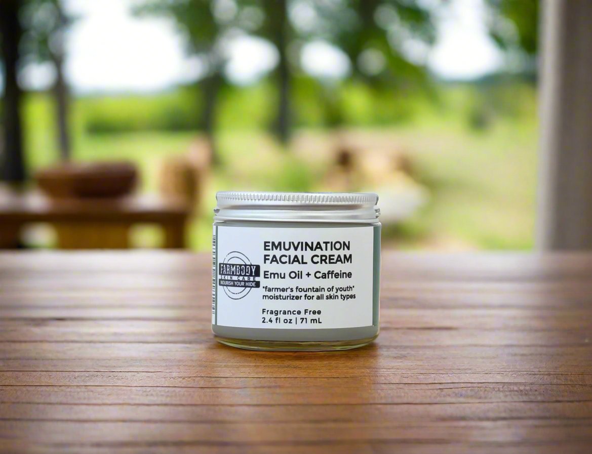 Farmbody Emuvination Facial Cream infused with emu oil and caffeine for naturally youthful moisturized skin like the farmer's fountain of youth