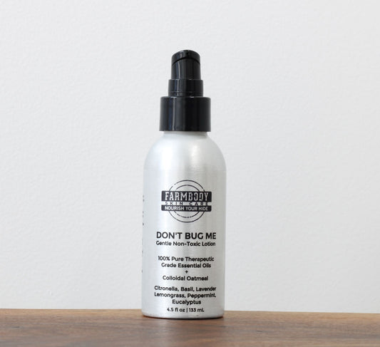 Gentle non-toxic bug lotion preserved with lactobacillus containing citronella, basil, lavender, lemongrass, peppermint and eucalyptus to repell biting insects