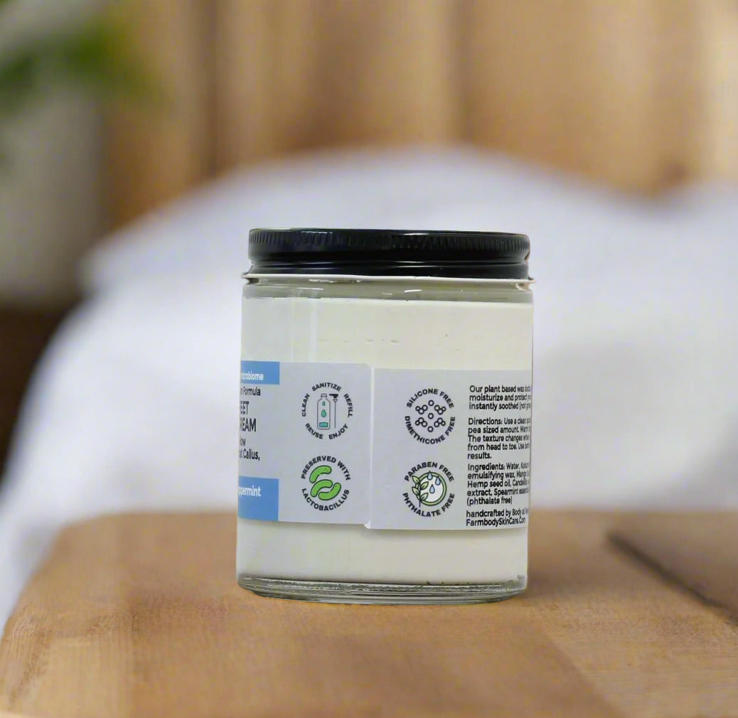 Smooth Feet Revival Cream for Dry Cracked feet and heels in a glass refillable jar preserved with lactobacillus and it's silicone and dimethicone free in spearmint and peppermint essential oils