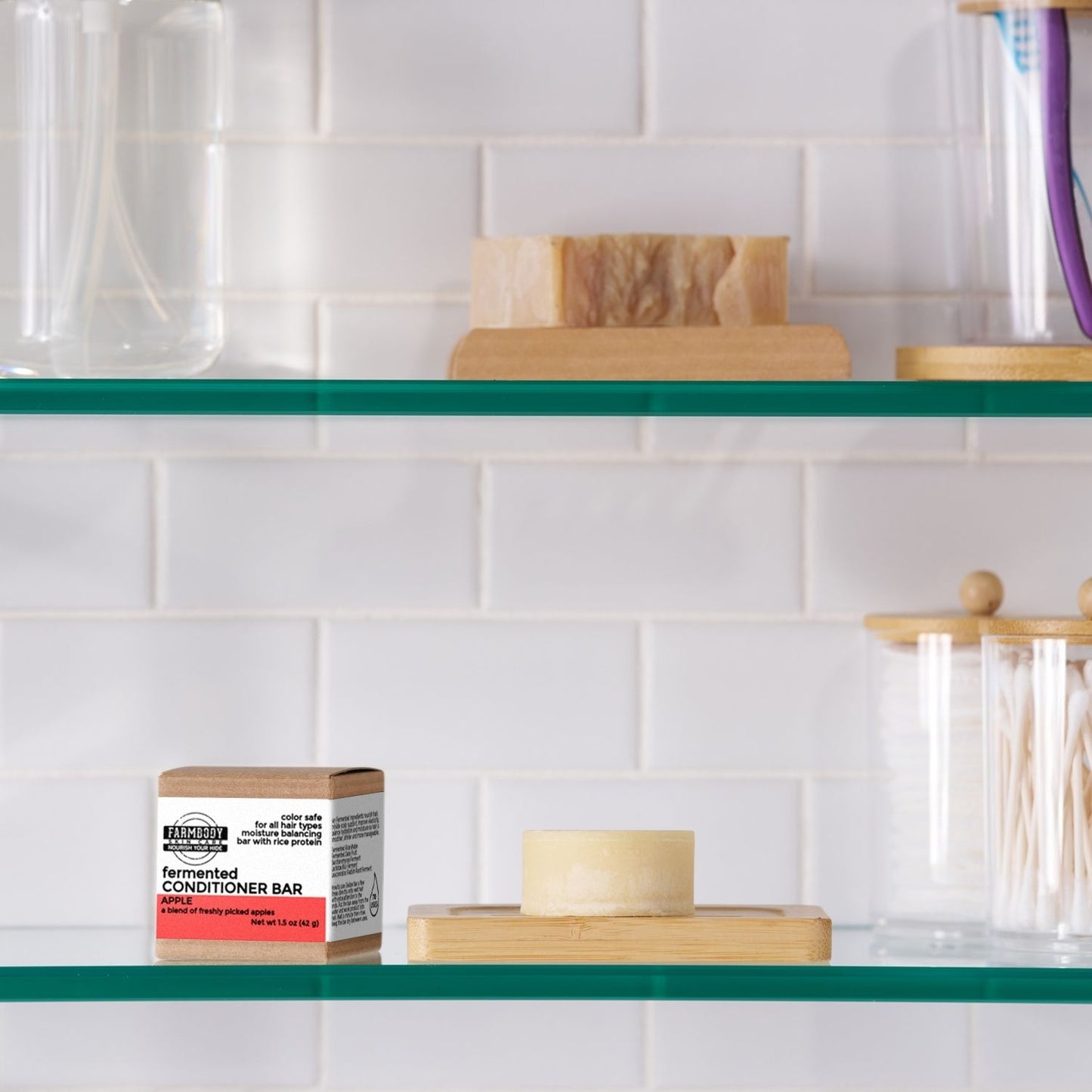 zero waste conditioner bar in apple scent shown in a bathroom setting