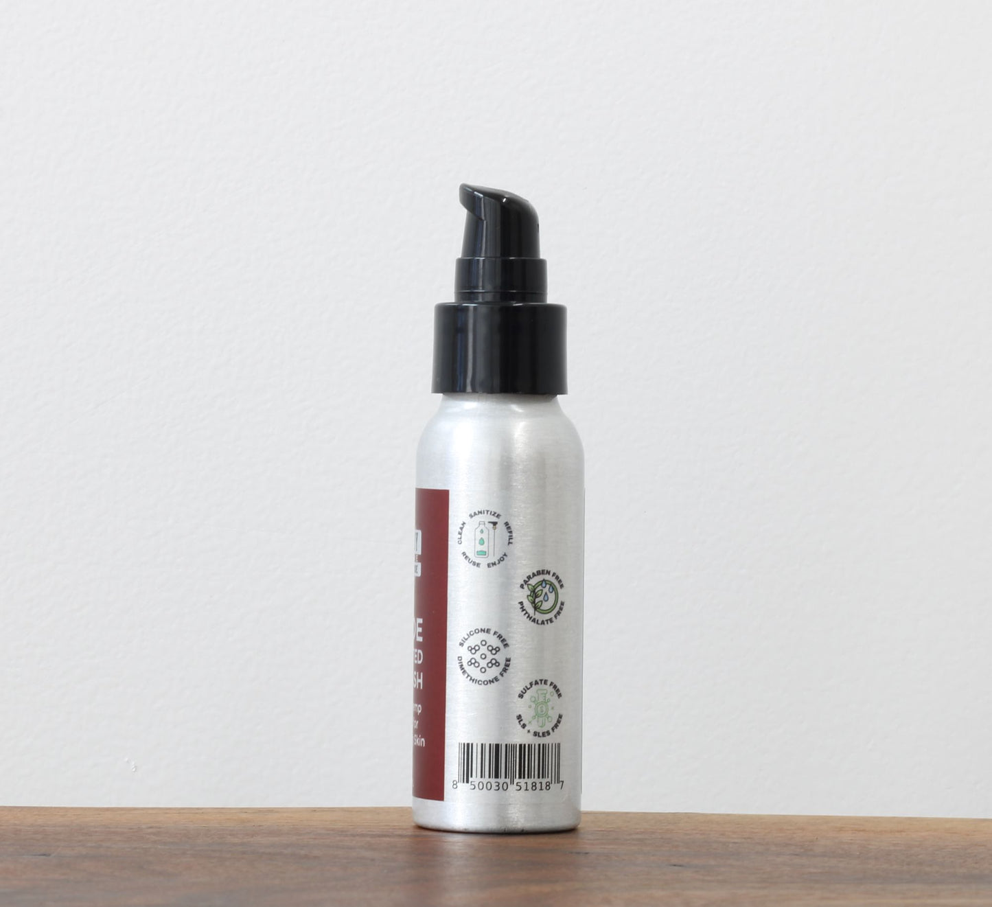 Hey Joe caffeinated face wash in a refillable sustainable aluminum bottle and it's sulfate free phthalate free paraben free silicone free dimethicone free