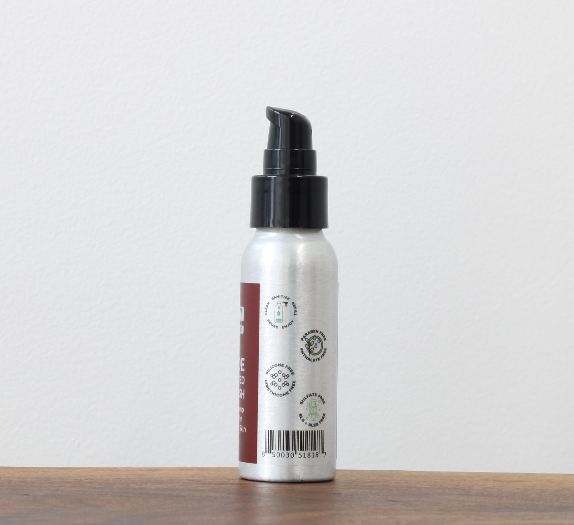 Hey Joe caffeinated face wash in a refillable sustainable aluminum bottle and it's sulfate free phthalate free paraben free silicone free dimethicone free