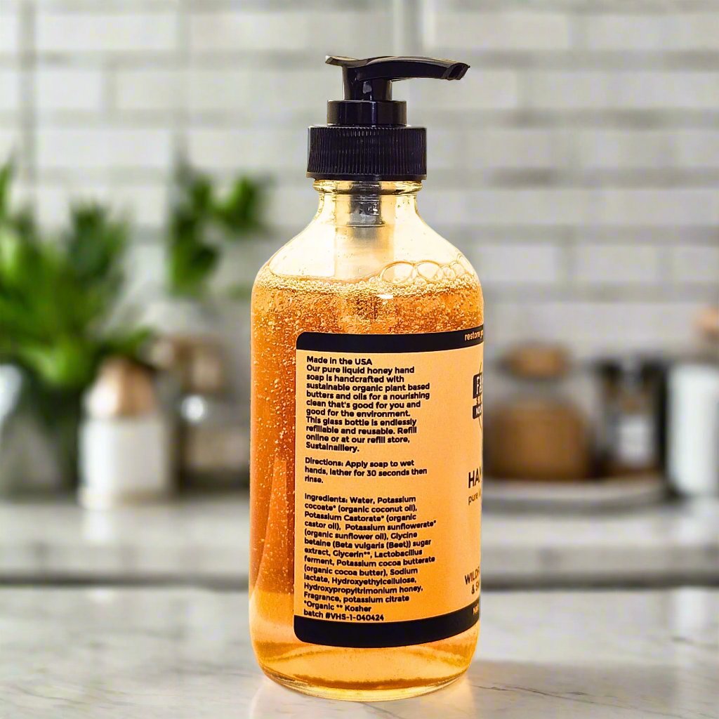 handcrafted pure liquid soap ingredients with organic oils, beet sugar and lactobacillus for super smooth hands