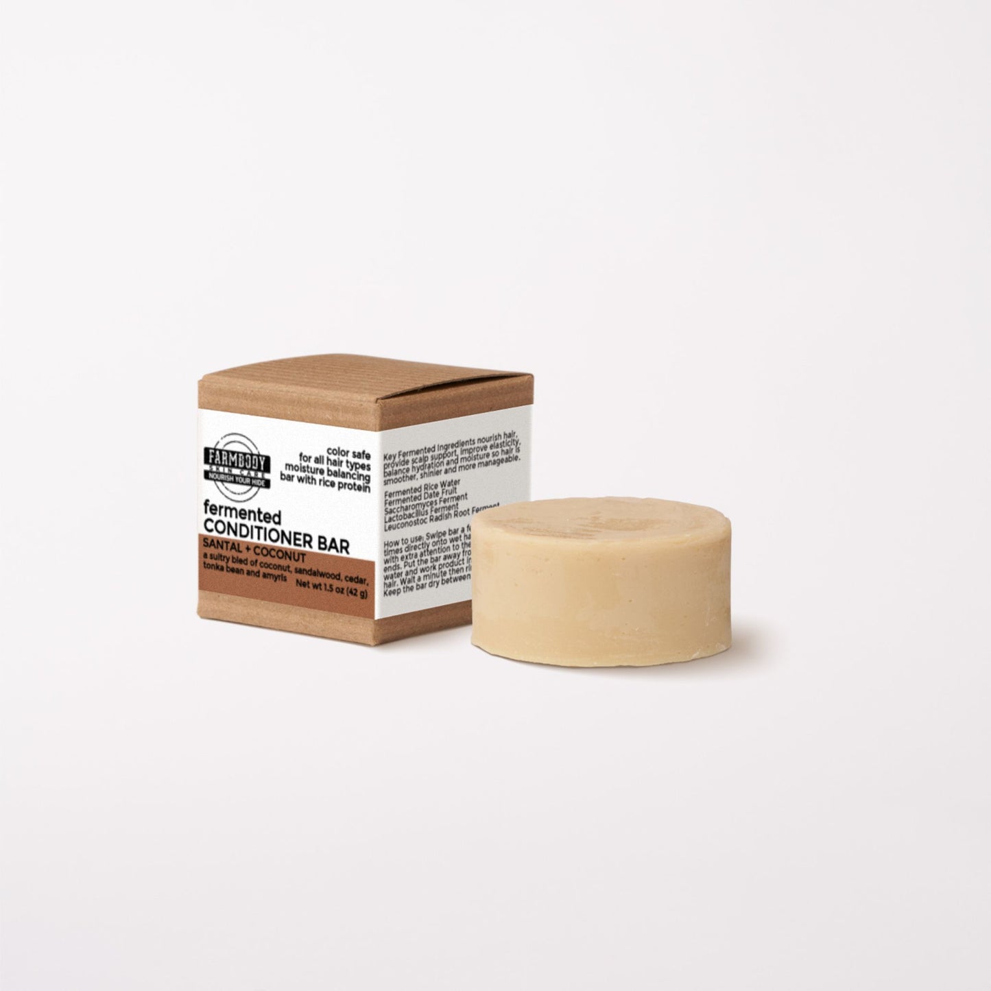 Fermented solid conditioner bar in santal and coconut scent that is silicone free