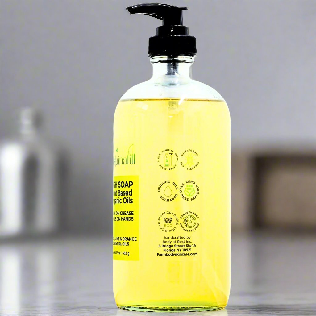 refillable glass container with natural handcrafted liquid dish soap with lime lemon and orange essential oils for naturally clean dishes