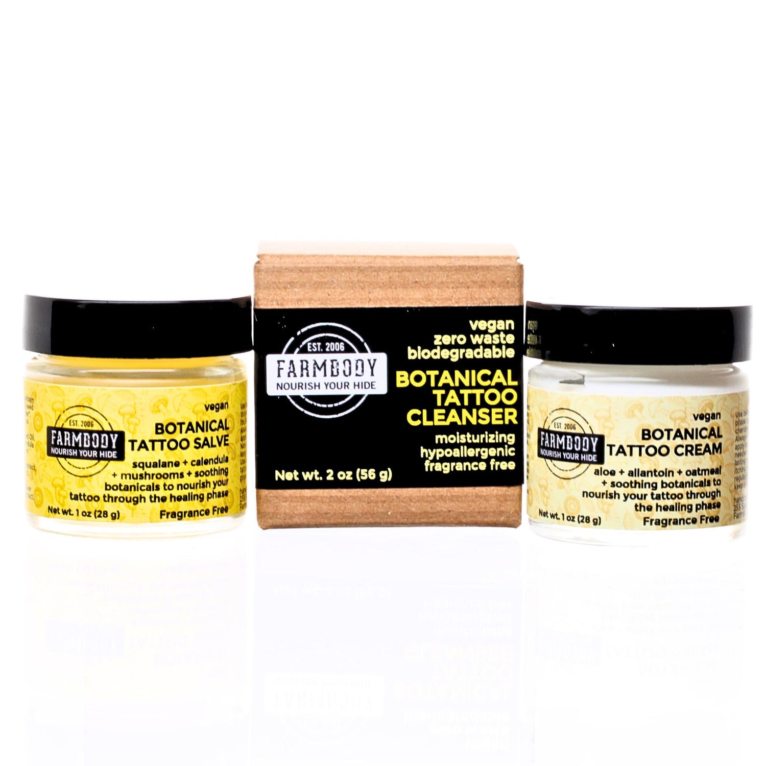 Farmbody Vegan Botanical Tattoo Aftercare Set 3 pcs containing a solid cleanser bar, a botanical salve and a botanical cream All are fragrance free