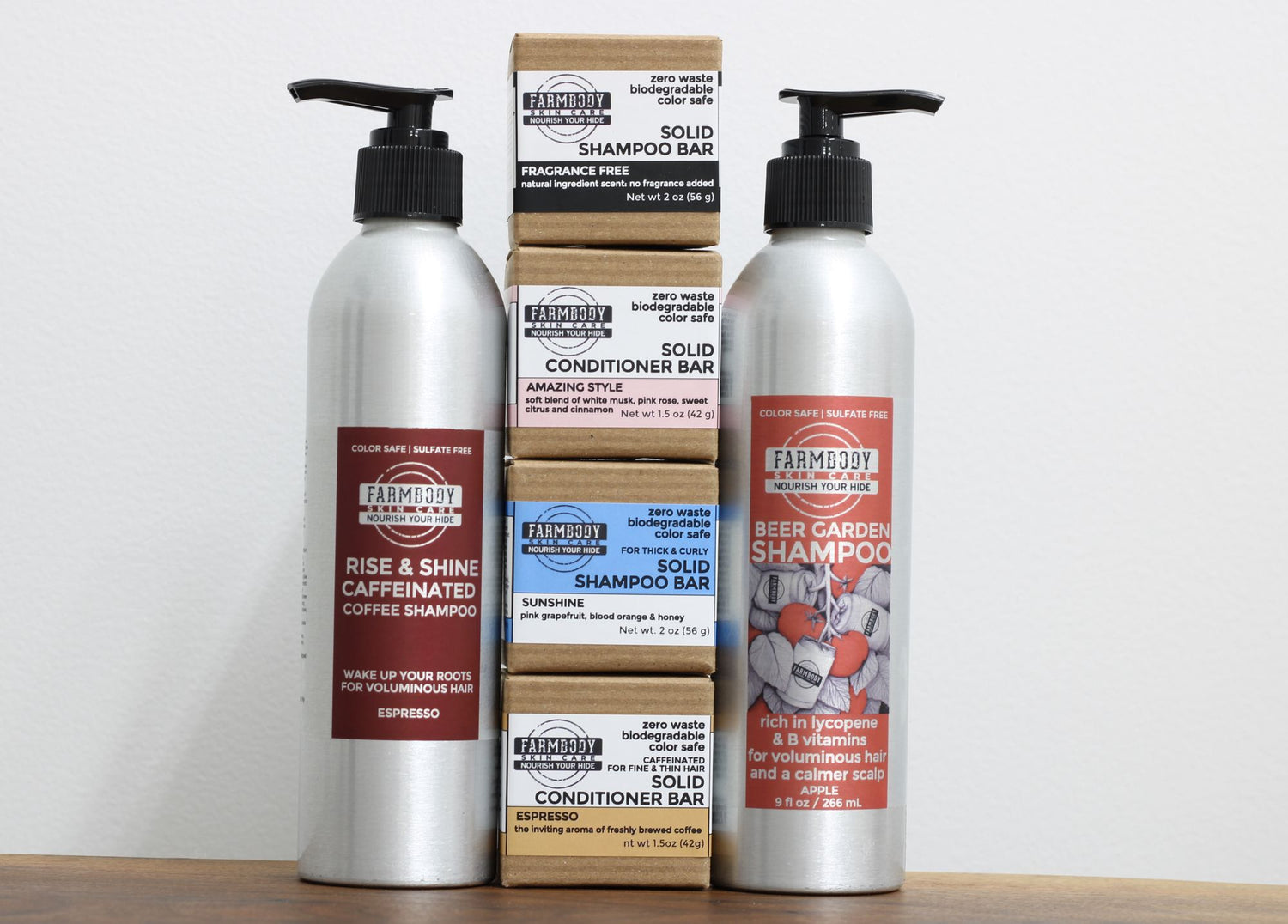 Farmbody Skin Care Hair Care Collection to shop now showing shampoo and conditioner sulfate free bars and beer shampoo and coffee shampoo for hair growth