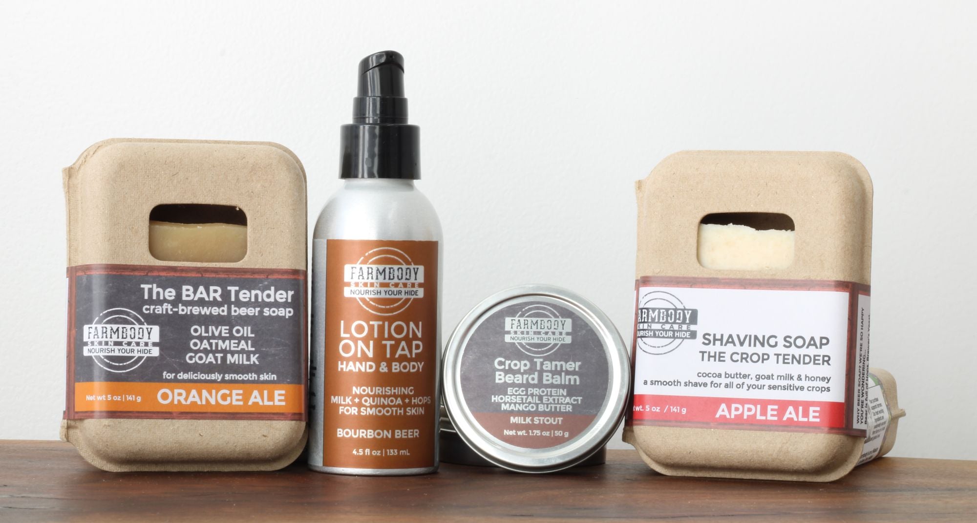 Farmbody Craft Brewed Beer Skin and Hair Care collection brewed with local craft beer soaps lotions beard balm shaving soap and more