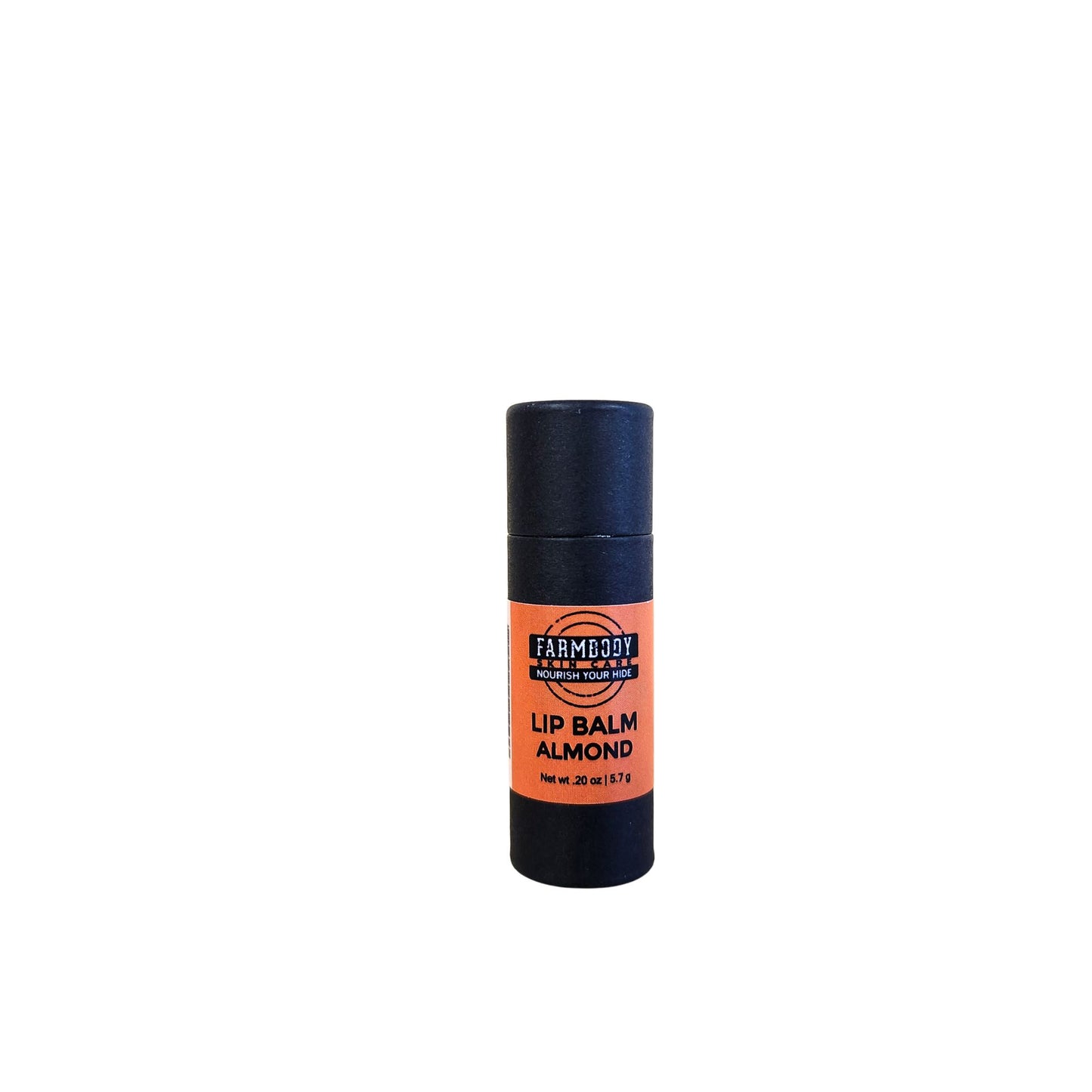 Almond lip balm in black biodegradable packaging from farmbody skin care.