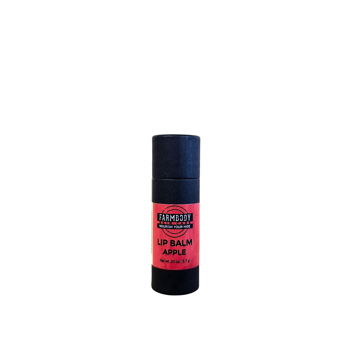 Apple lip balm in red and black biodegradable packaging made by farmbody skin care.