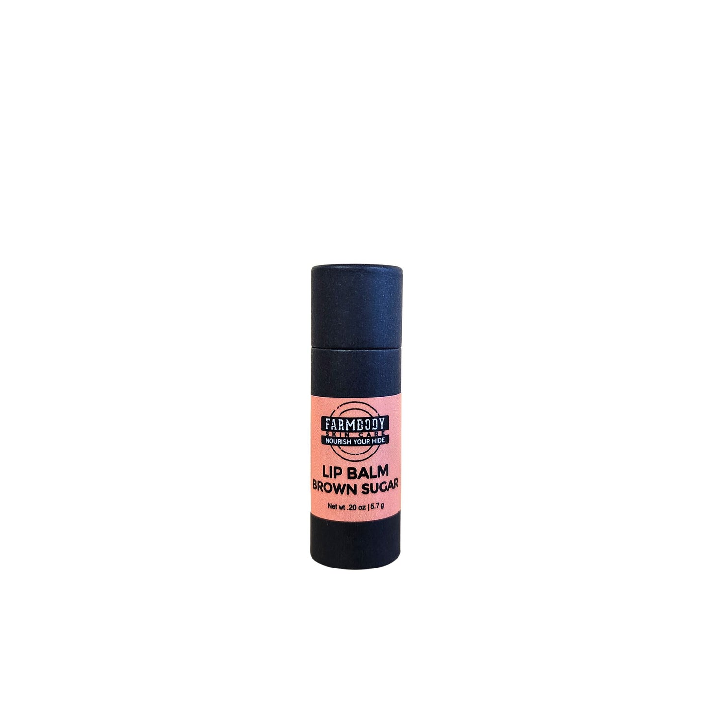 Brown Sugar lip balm in black biodegradable packaging from farmbody skin care.