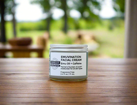 Farmbody Emuvination Facial Cream infused with emu oil and caffeine for naturally youthful moisturized skin like the farmer's fountain of youth