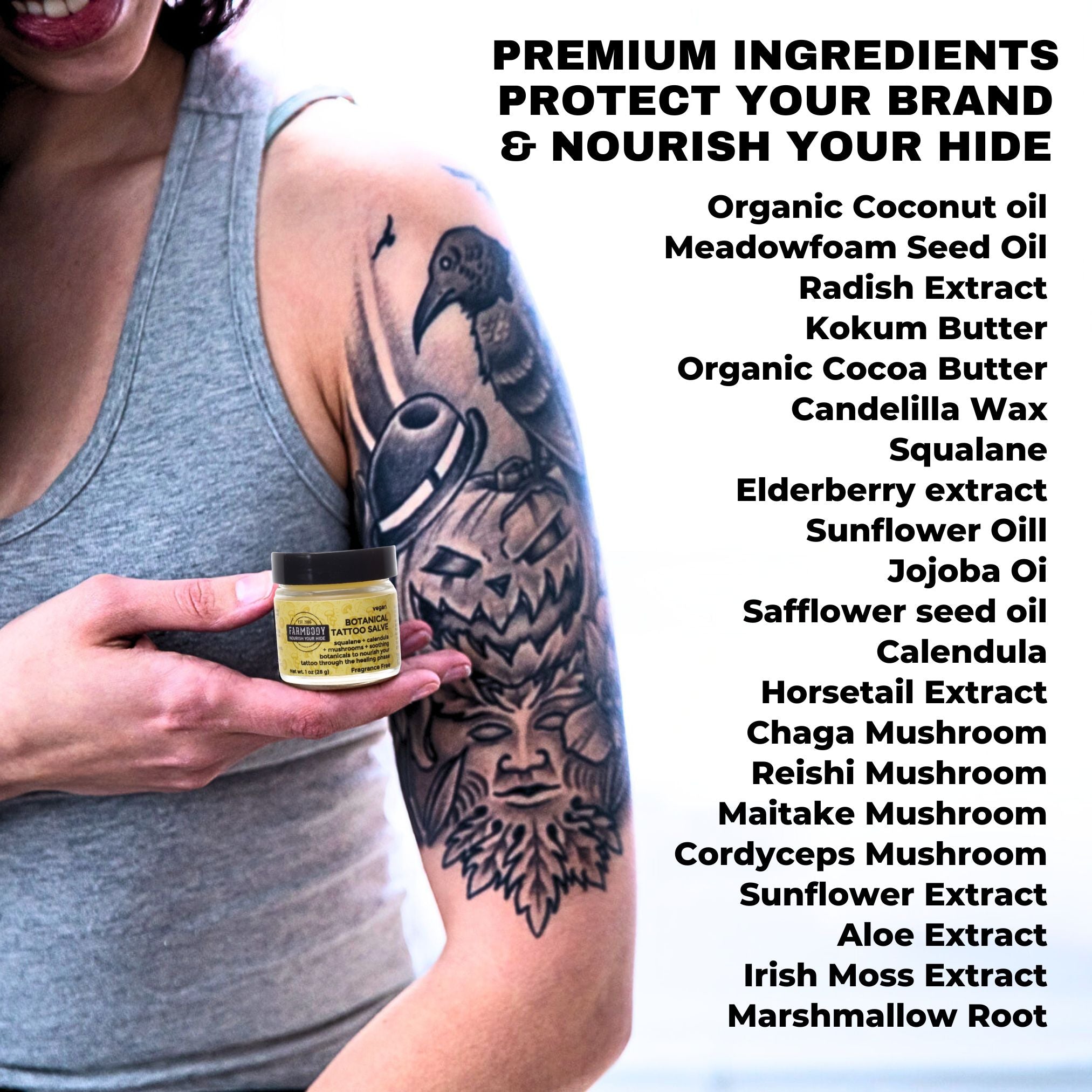 Farmbody premium ingredients for best tattoo aftercare to speed healing and reduce itching