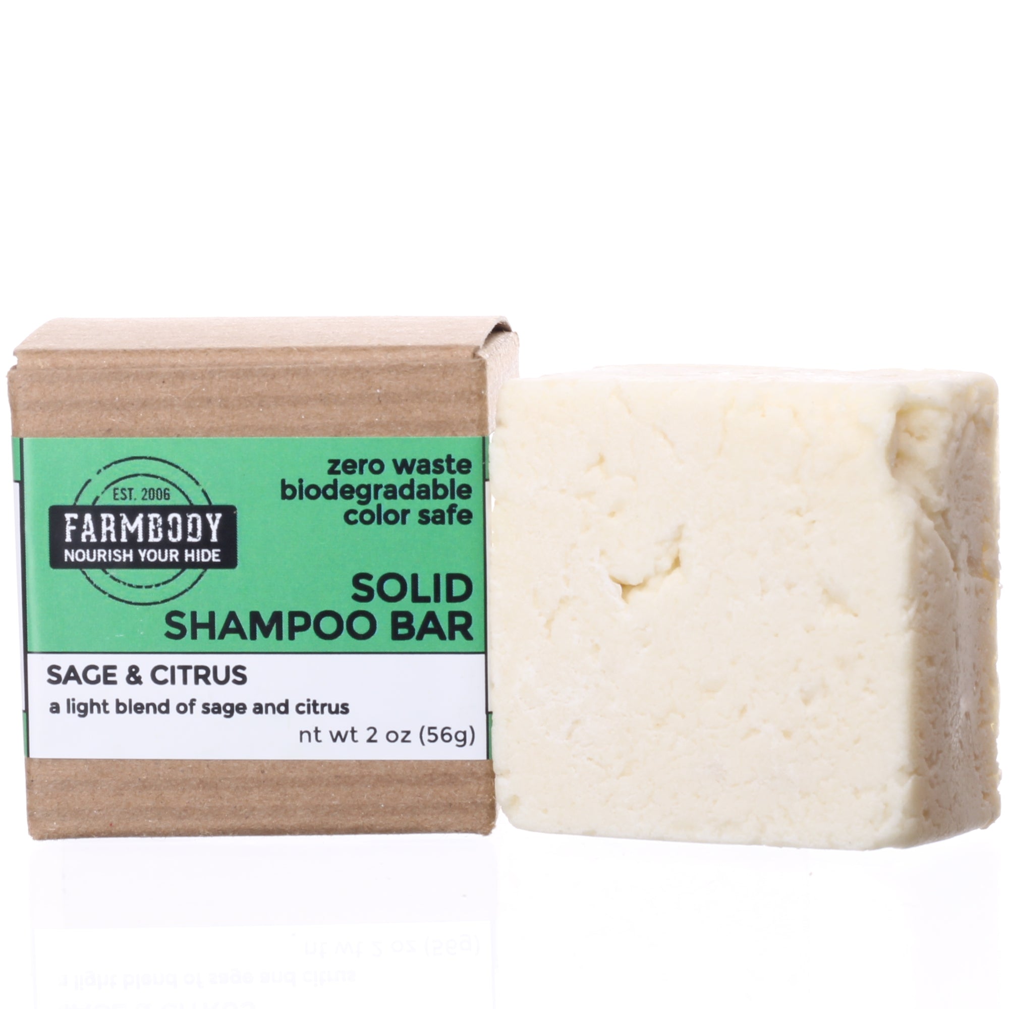 Farmbody solid shampoo bar sulfate free in sage and citrus fragrance the bar is square