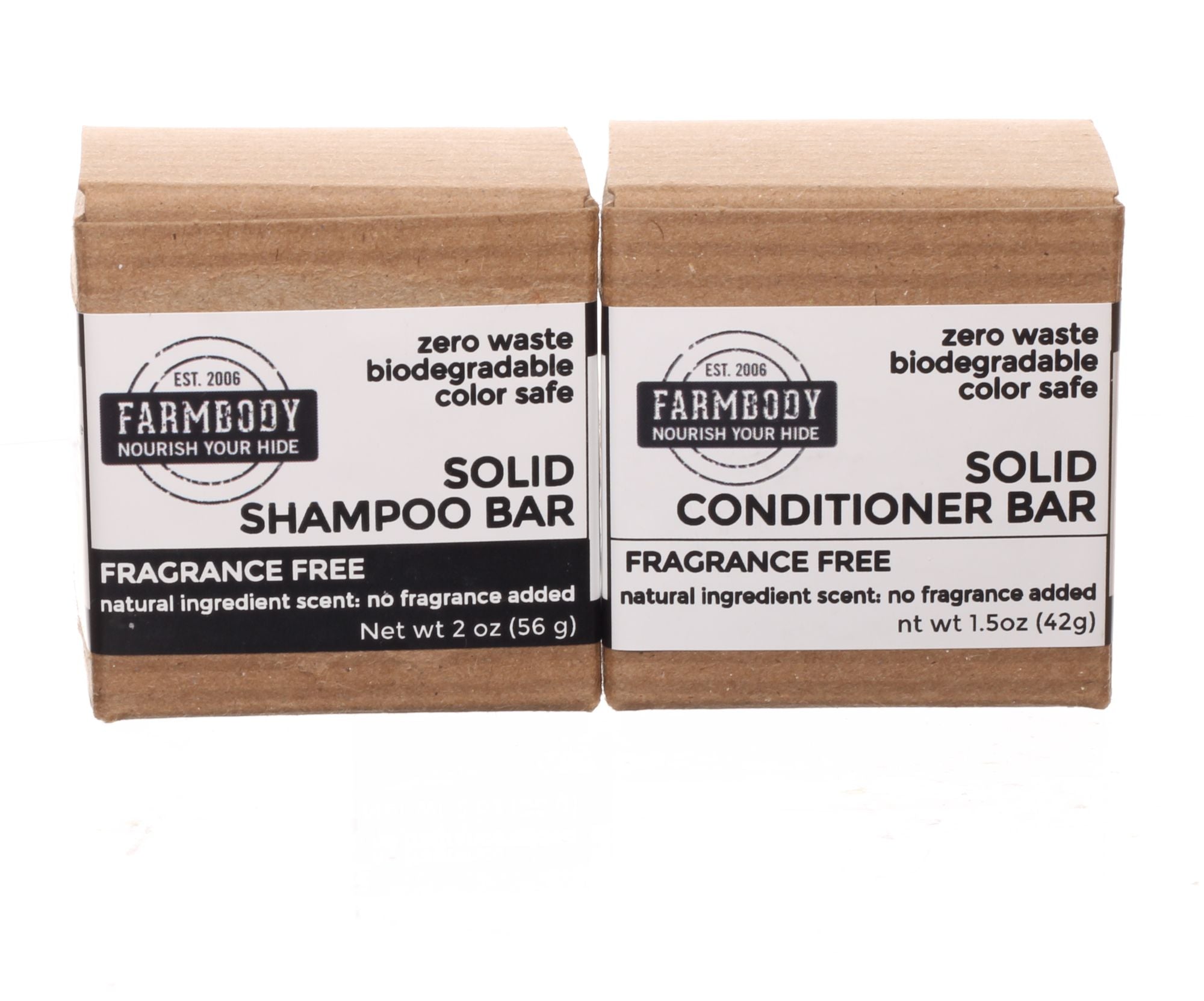Farmbody solid zero waste biodegradable color safe shampoo and conditioner bar set in fragrance free for sensitive scalps and skin
