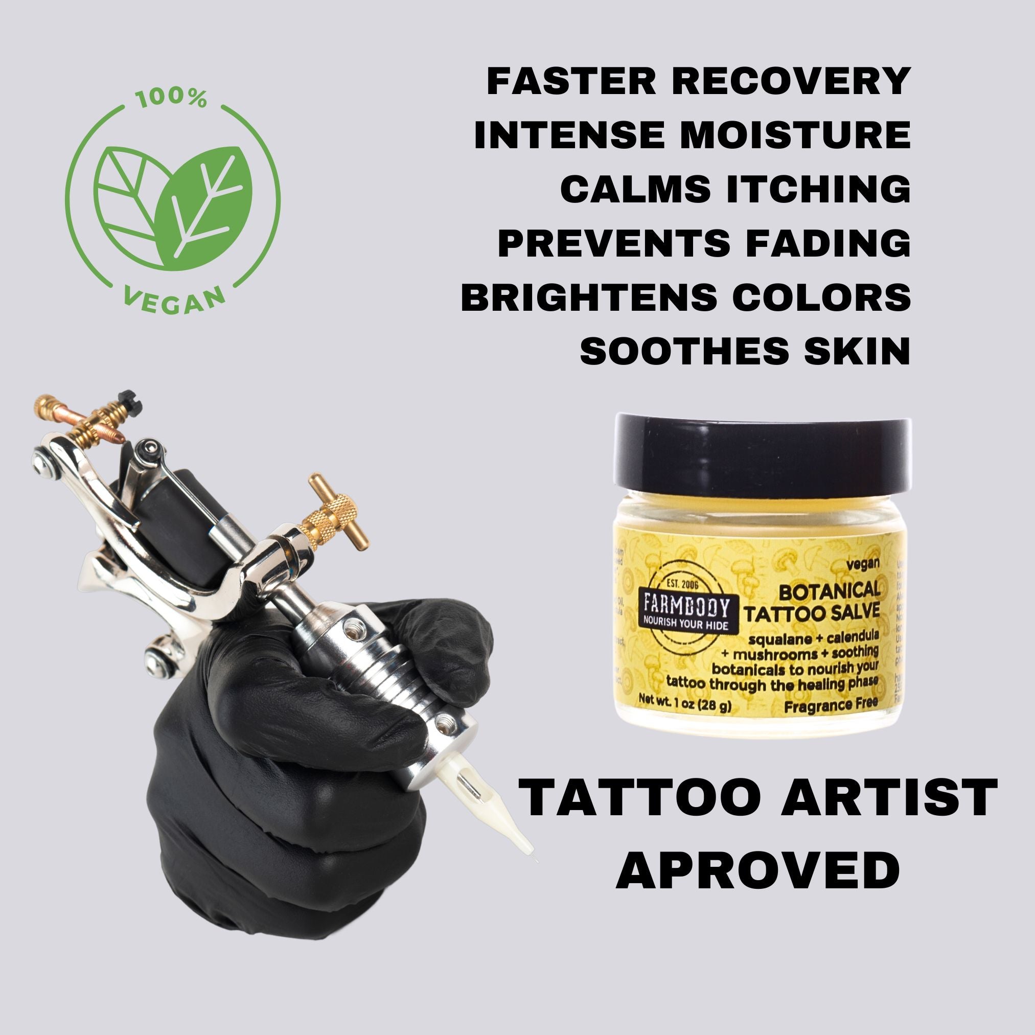 Farmbody botanical tattoo aftercare is tattoo artis aproved for faster recovery and to prevent fading keeps colors bright