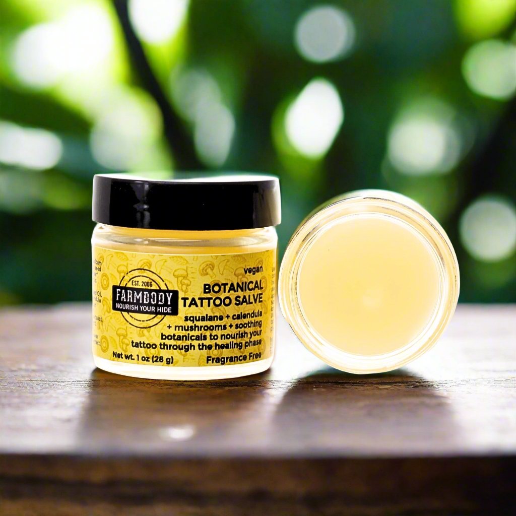 Farmbody vegan botanical tattoo salve with squalane calendula and mushrooms to nourish your tattoo through the healing phase