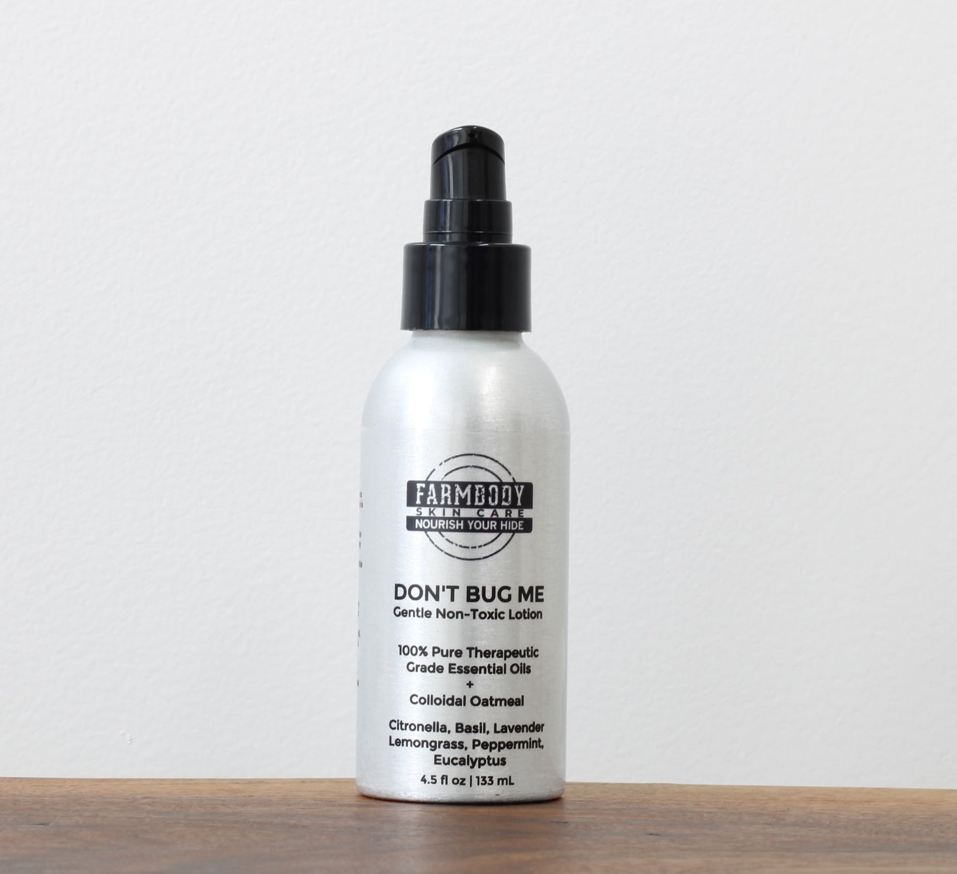Gentle non-toxic bug lotion preserved with lactobacillus containing citronella, basil, lavender, lemongrass, peppermint and eucalyptus to repell biting insects