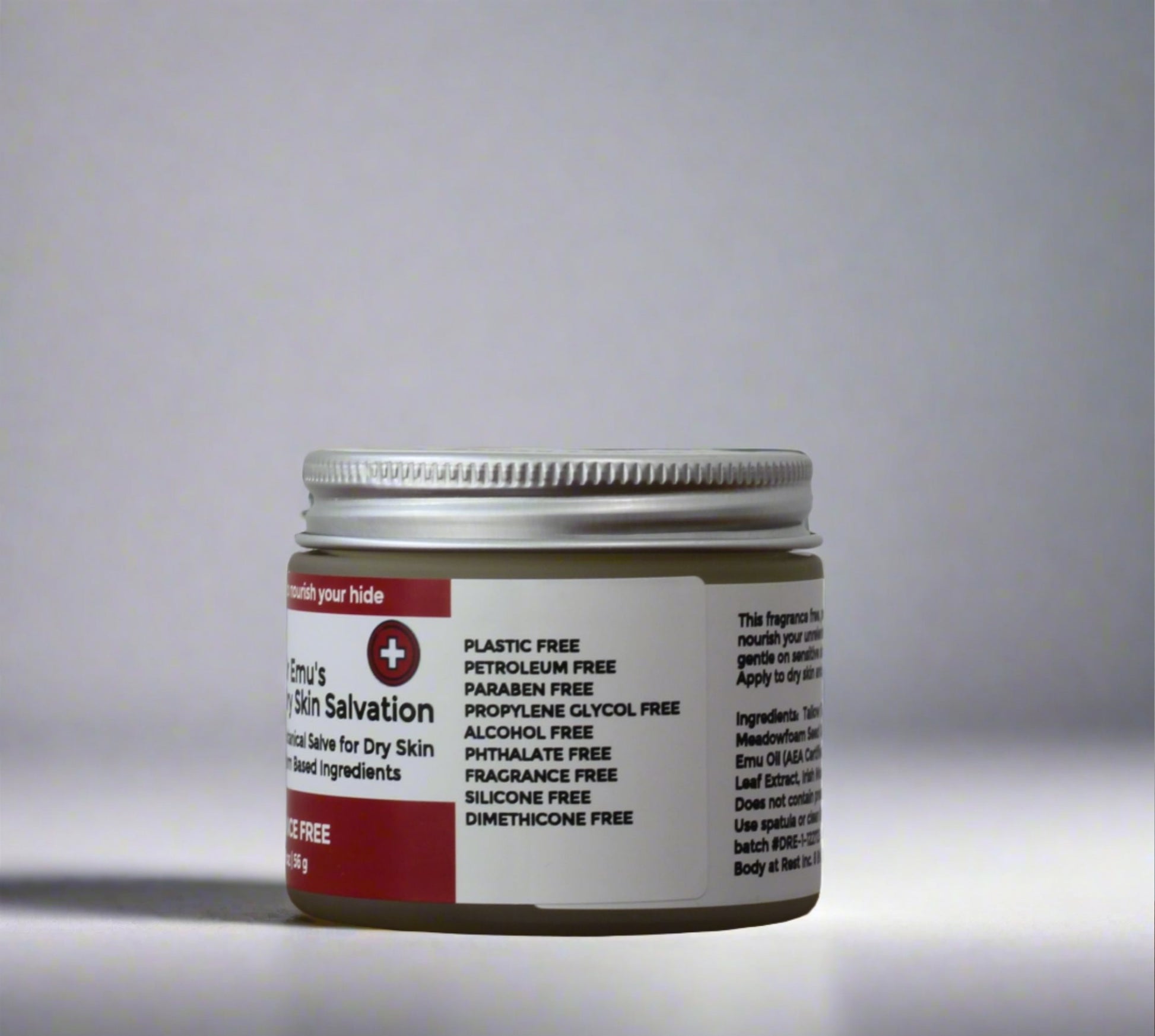 Dr Emu's Dry Skin Salvation is Free from plastic petroleum parabens propylene glycol alcohol phthalates fragrance silicone and dimethicone