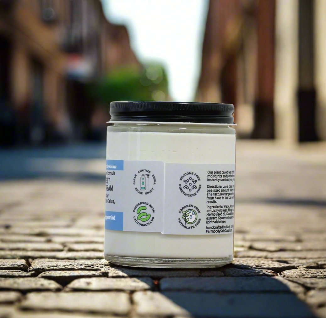 Smooth Feet Revival Cream for Dry Cracked feet and heels in a glass refillable jar preserved with lactobacillus and it's silicone and dimethicone free in spearmint and peppermint essential oils
