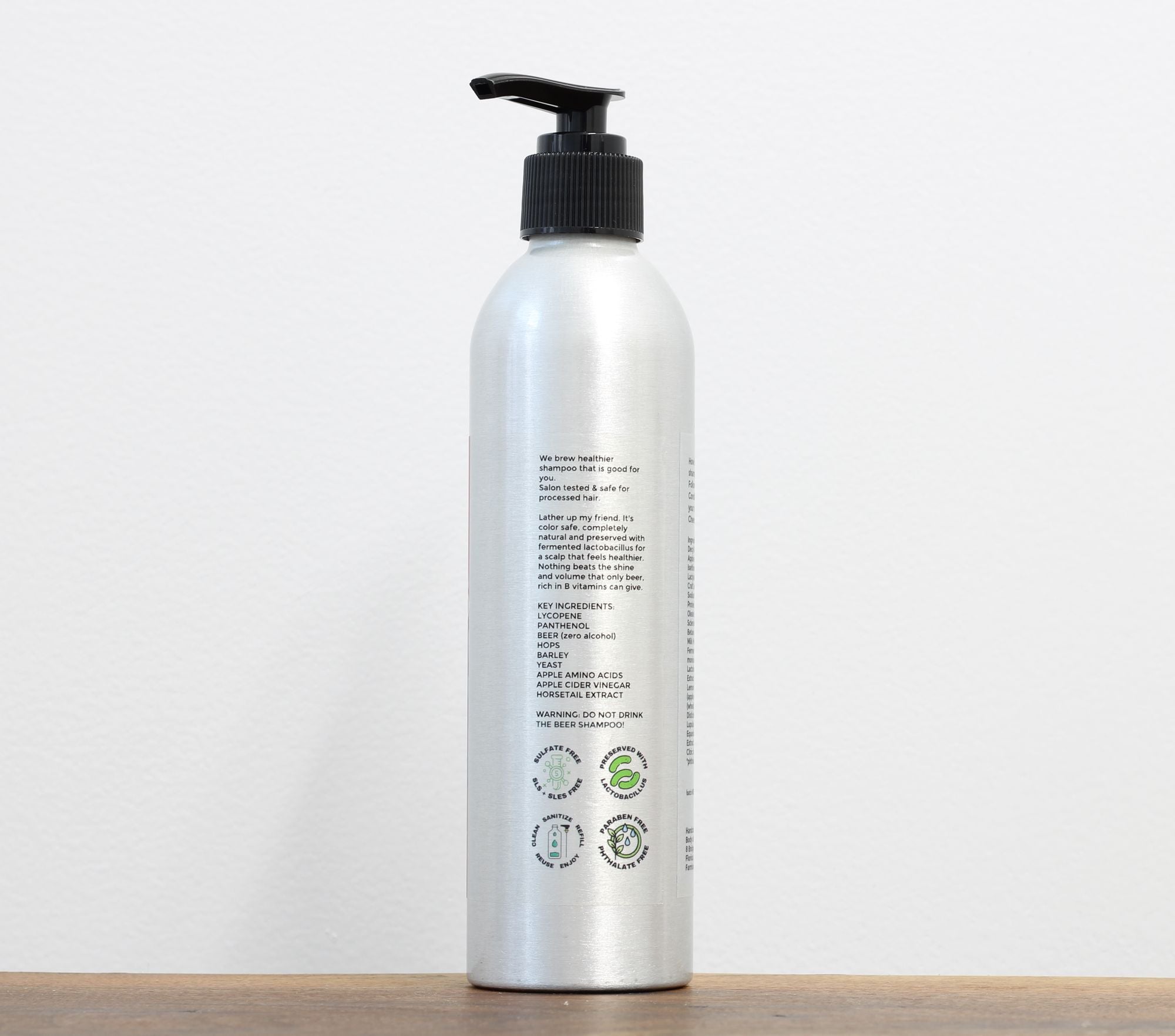 Farmbody Beer Garden Shampoo Key ingredients sulfate free phthalate free paraben free silicone free dimethicone free in a refillable sustainable aluminum bottle