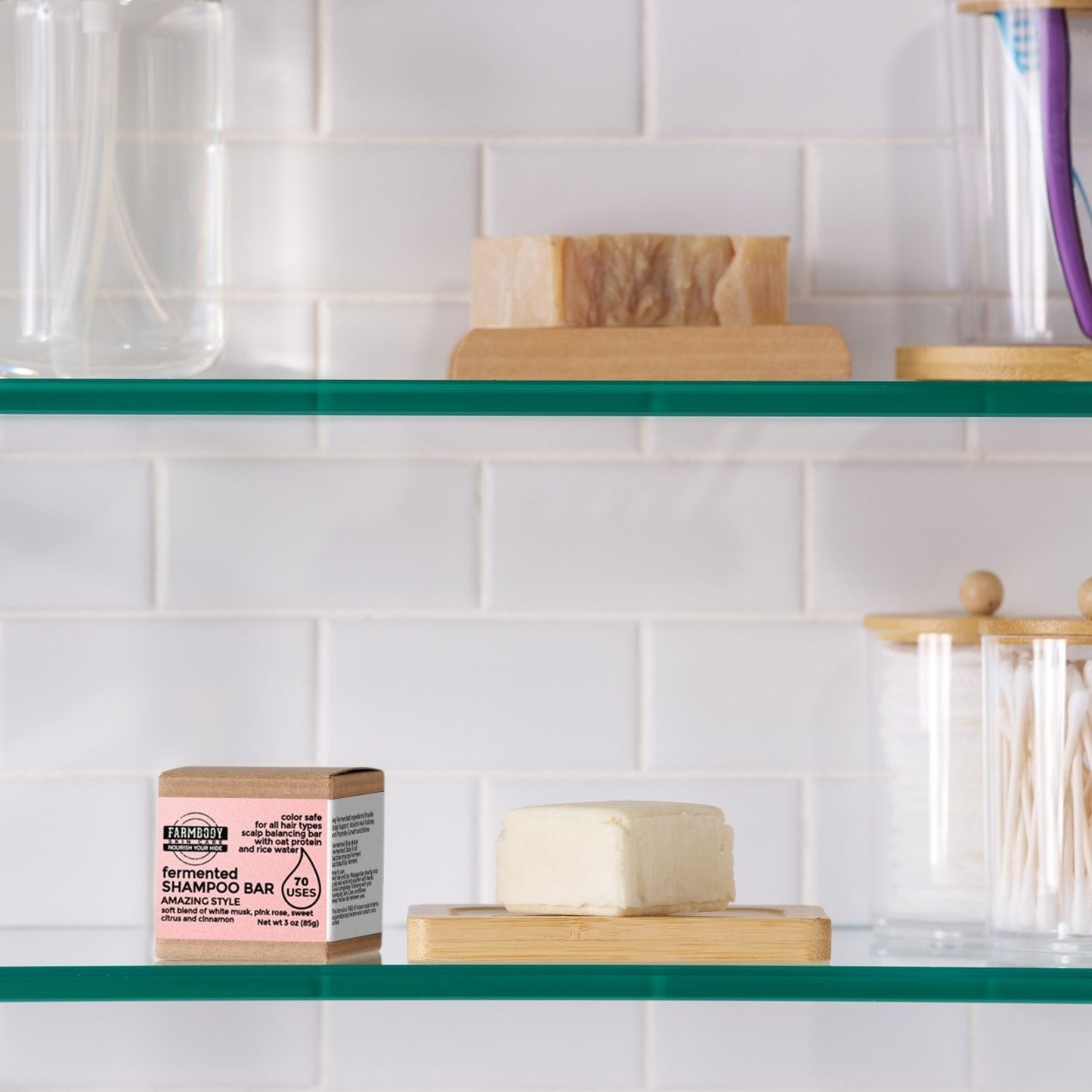 Fermented Rice Water Shampoo Bar in the shower for amazing style hair benefits
