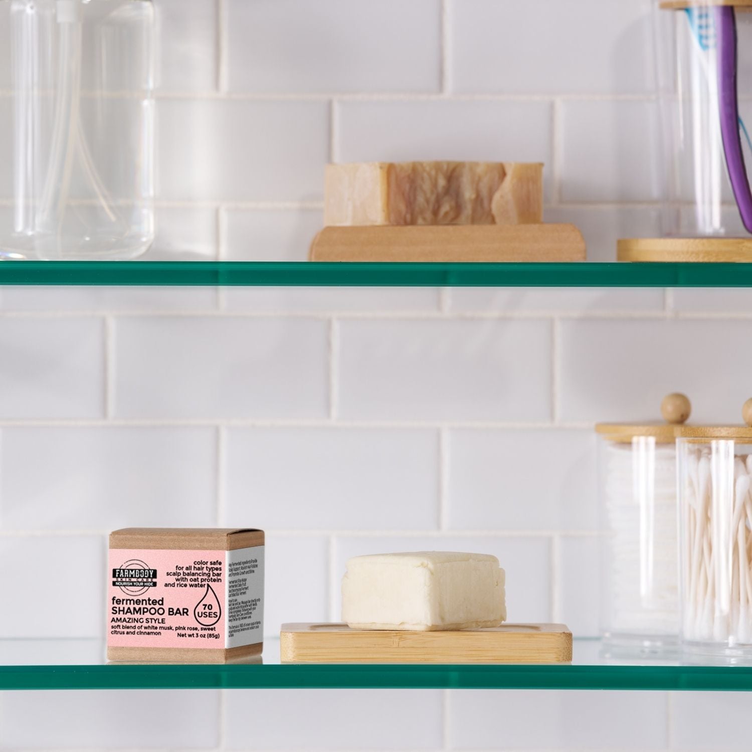 Fermented Rice Water Shampoo Bar in the shower for amazing style hair benefits
