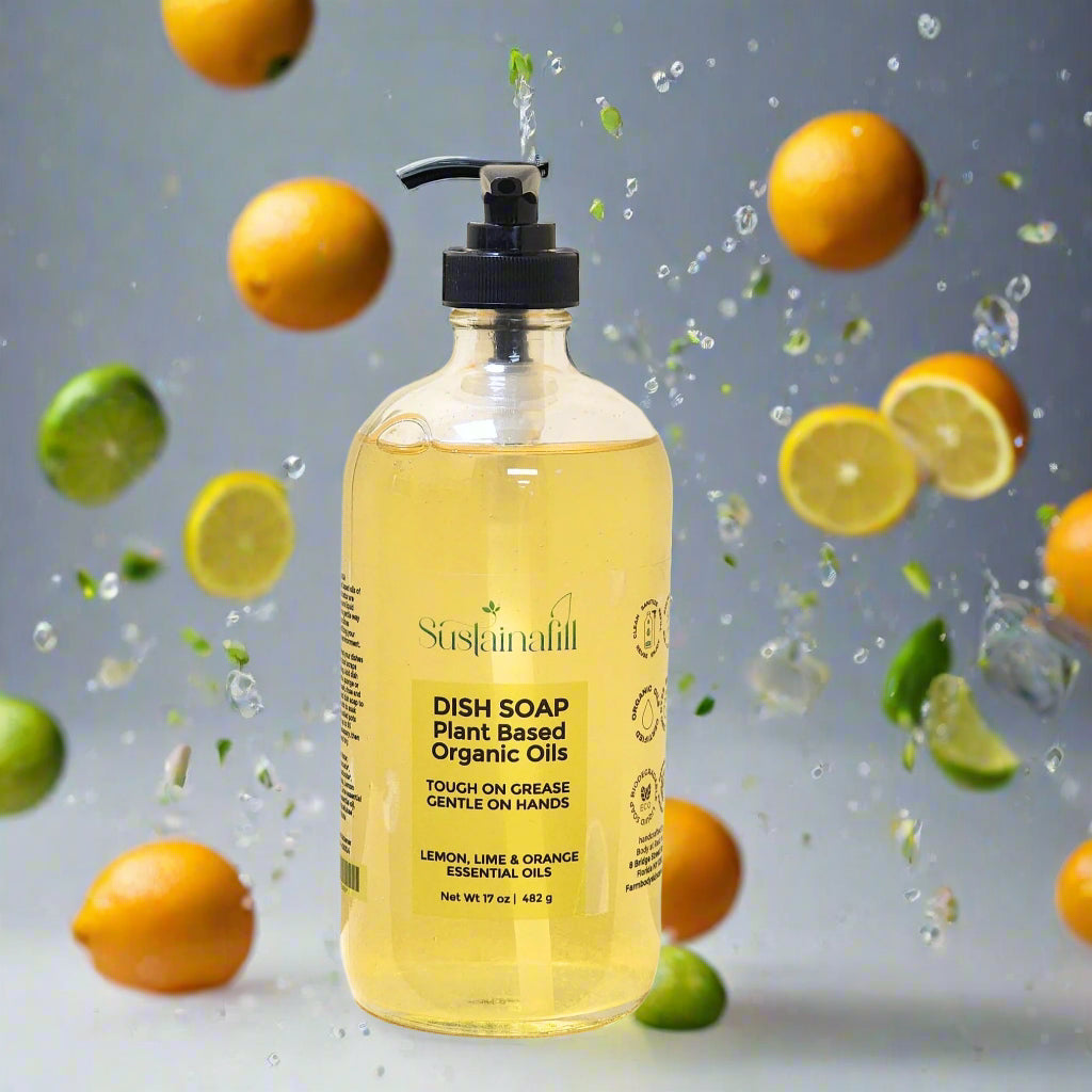 handcrafted plant based liquid dish soap with oranges, lemons and lime essential oils to cut grease