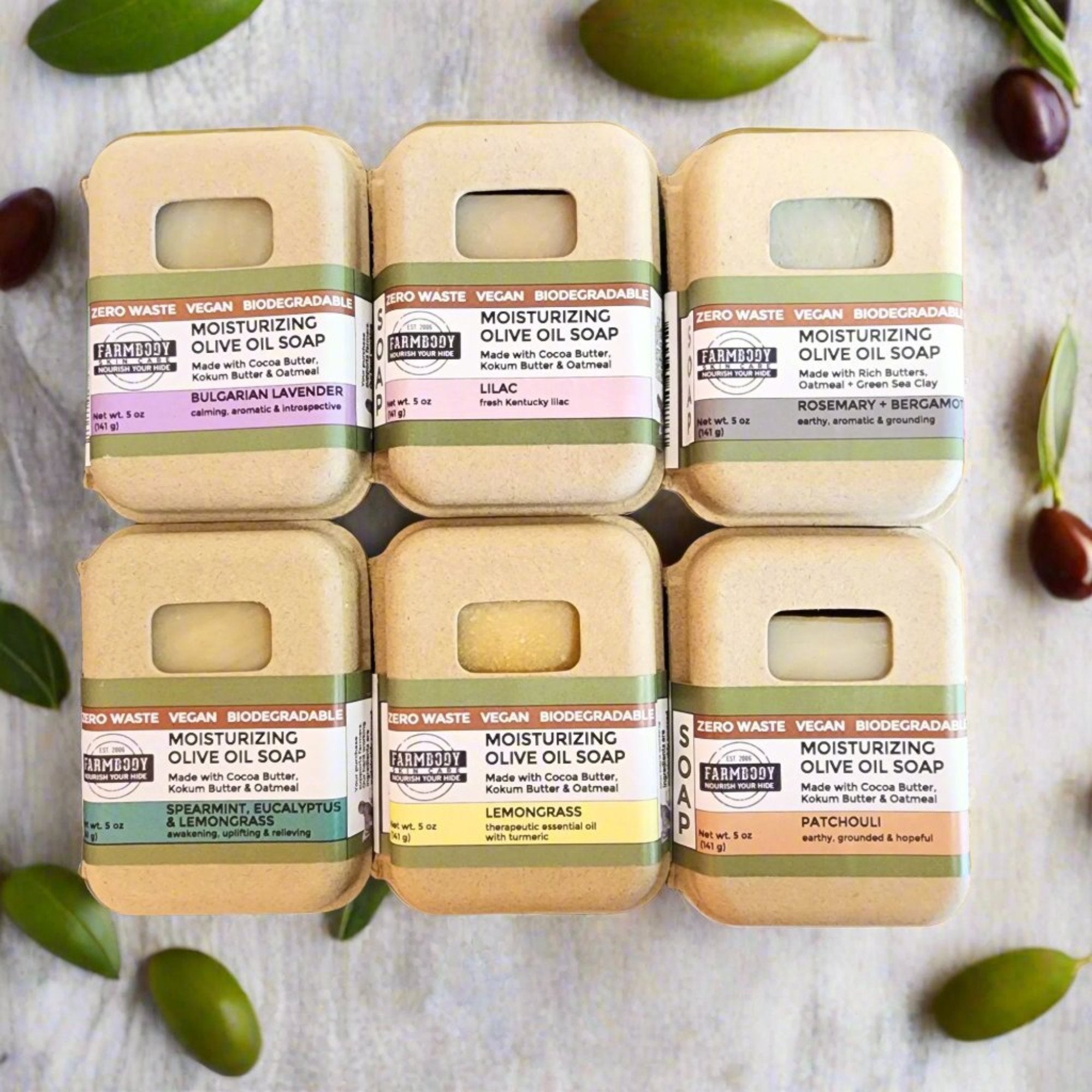 6 olive oil soaps in recycled pulp eco friendly boxes