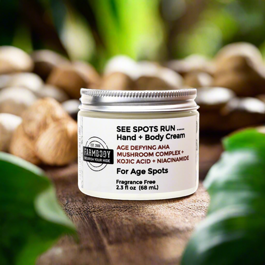 fade dark spots with see spots run hand and body cream with kojic acid, alpha hydroxy acid, niacinamide and mushrooms