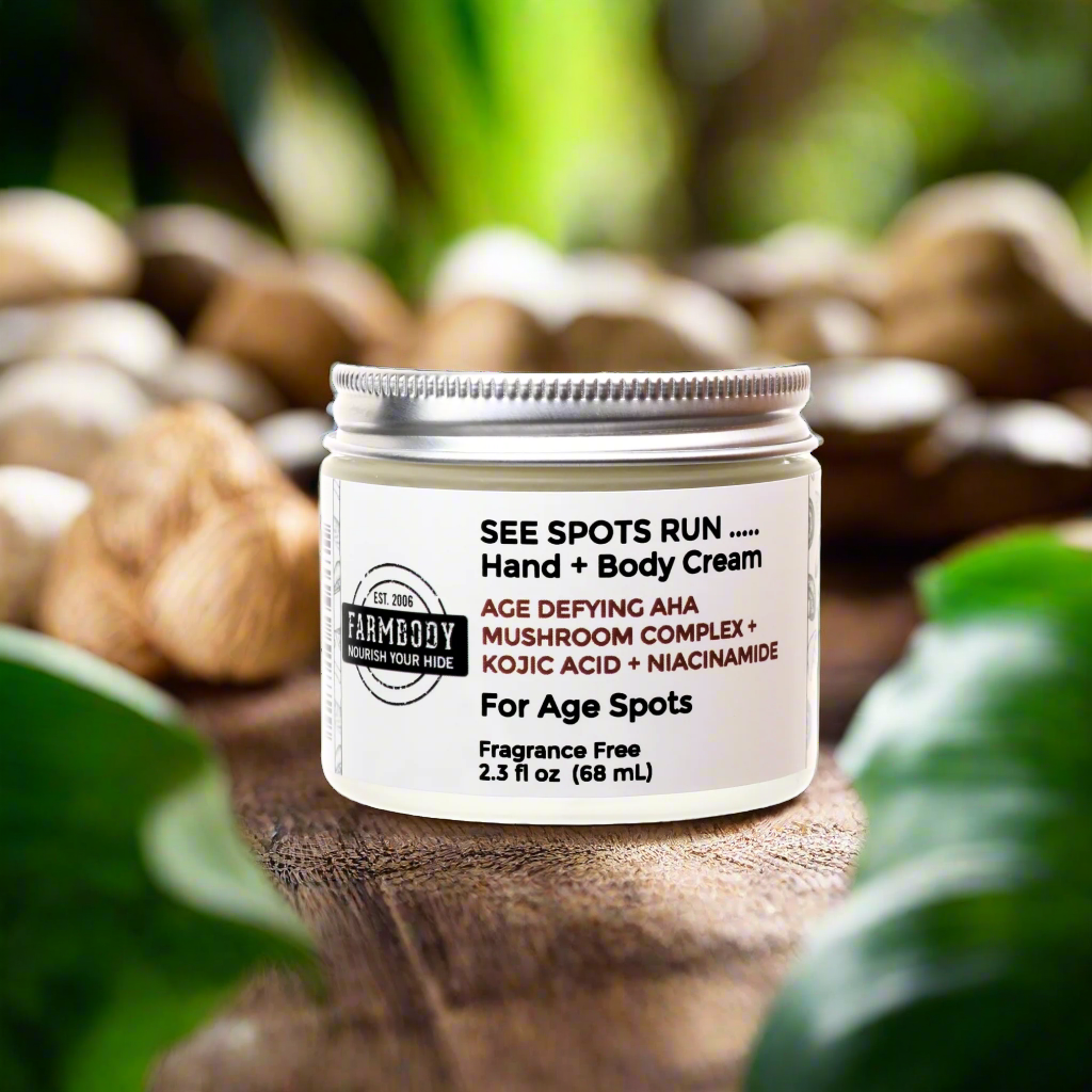 fade dark spots with see spots run hand and body cream with kojic acid, alpha hydroxy acid, niacinamide and mushrooms