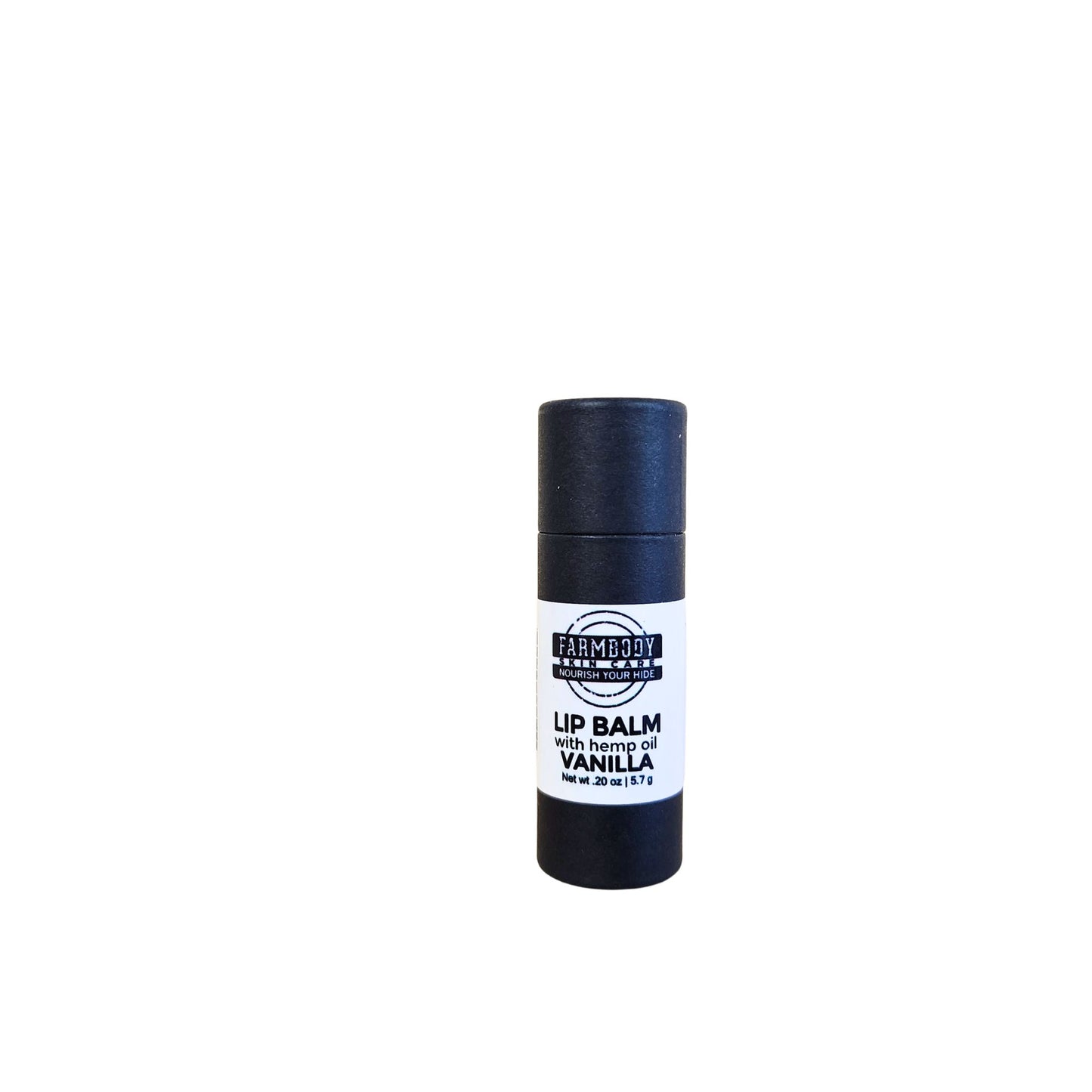 Vanilla lip balm in black biodegradable packaging from farmbody skin care.