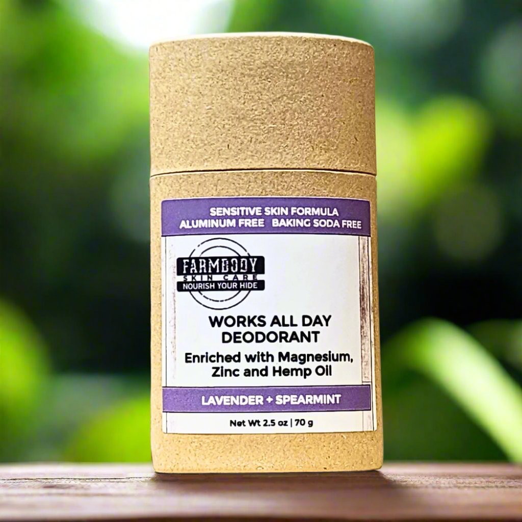 Zero Waste Deodorant Stick for Sensitive Skin Baking Soda Free Aluminum Free Phthalate Free in Lavender and Spearmint essential oils with magnesium zinc and hemp oil