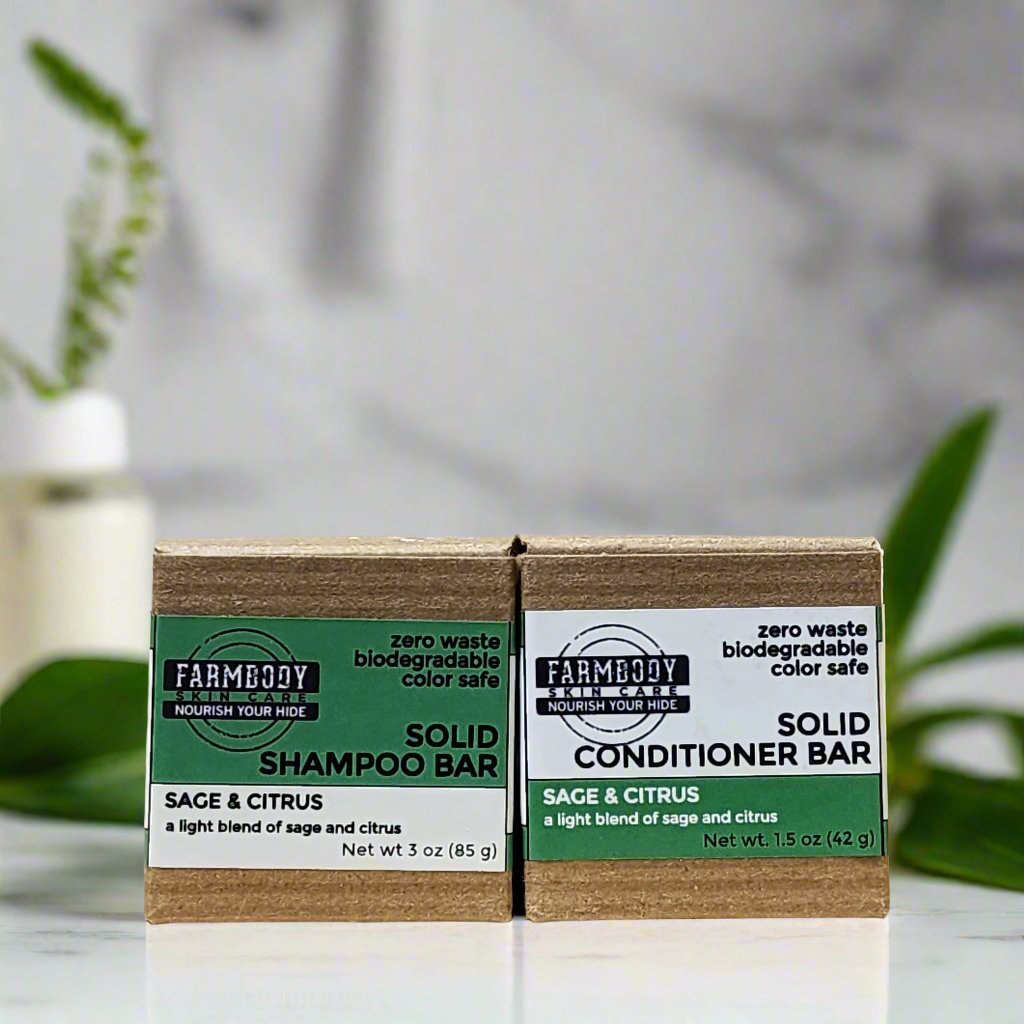 best zero waste solid shampoo and conditioner bars for hair travel and the environment in a sage and citrus scent