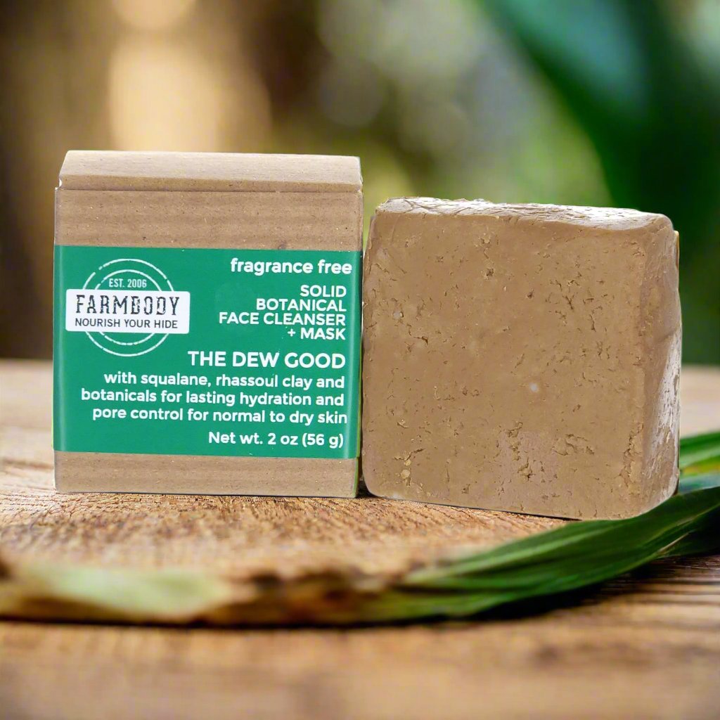 Farmbody The Dew Good Solid botanical face cleanser bar and mask for normal to dry skin