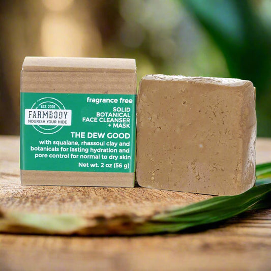 Farmbody The Dew Good Solid botanical face cleanser bar and mask for normal to dry skin