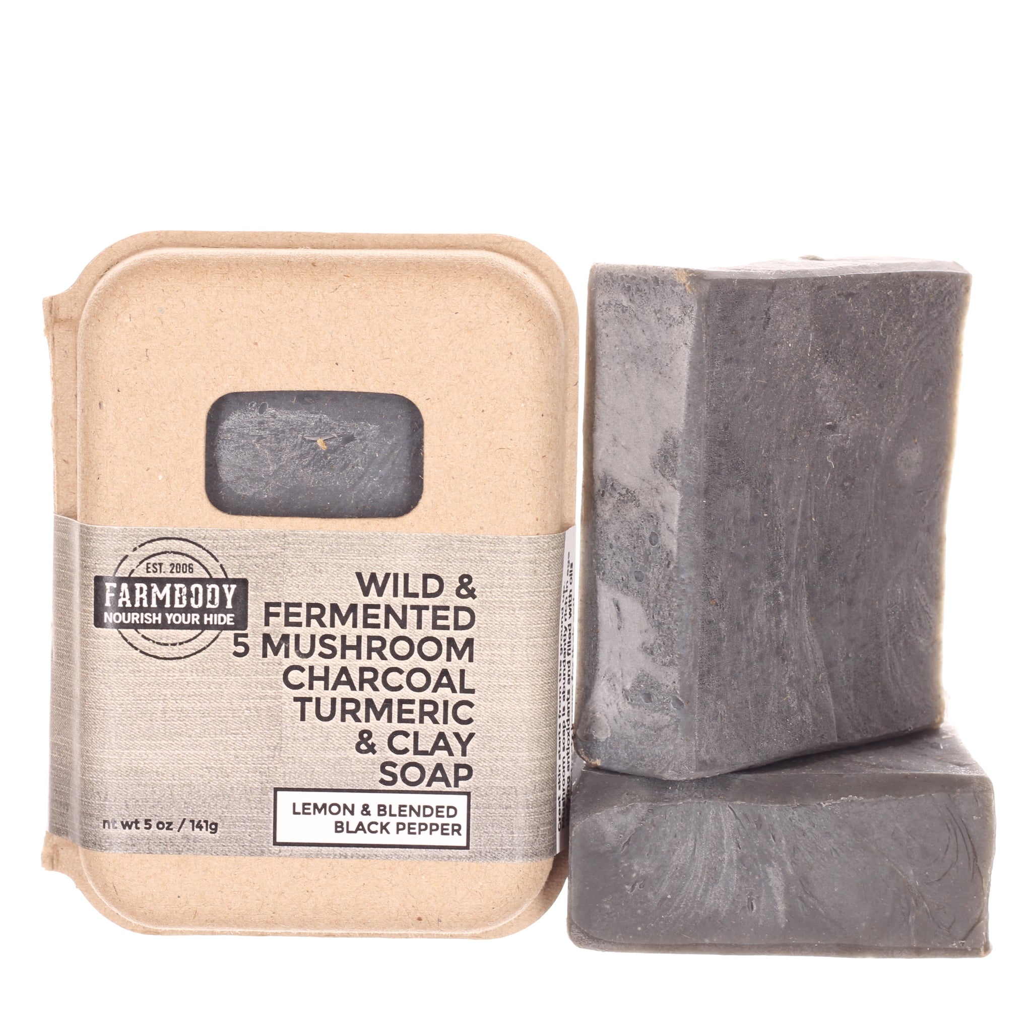 Wild & Fermented 5 Mushroom Charcoal Turmeric & Clay Soap | Black Pepper & Lemon - Farmbody