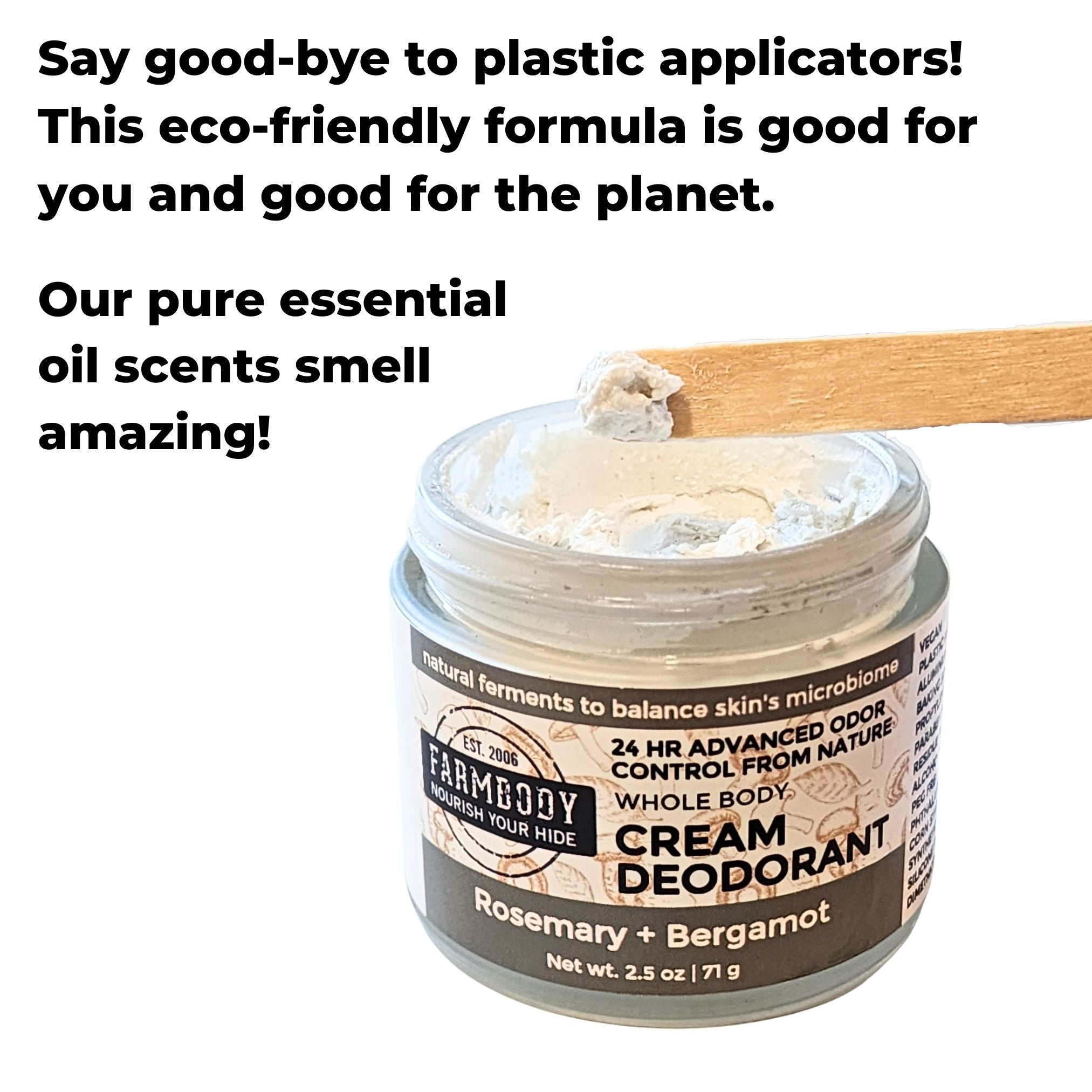 Farmbody Cream Deodorant comes in essential oil scents. No artificial fragrance